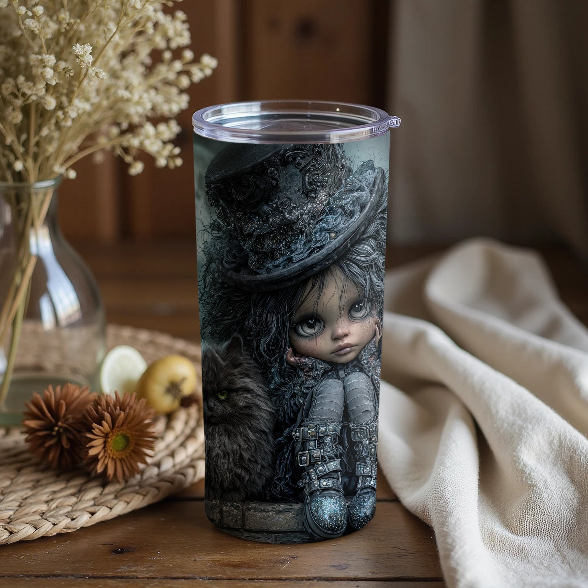 Enchanting Dark Doll Art with Cat Design Tumbler