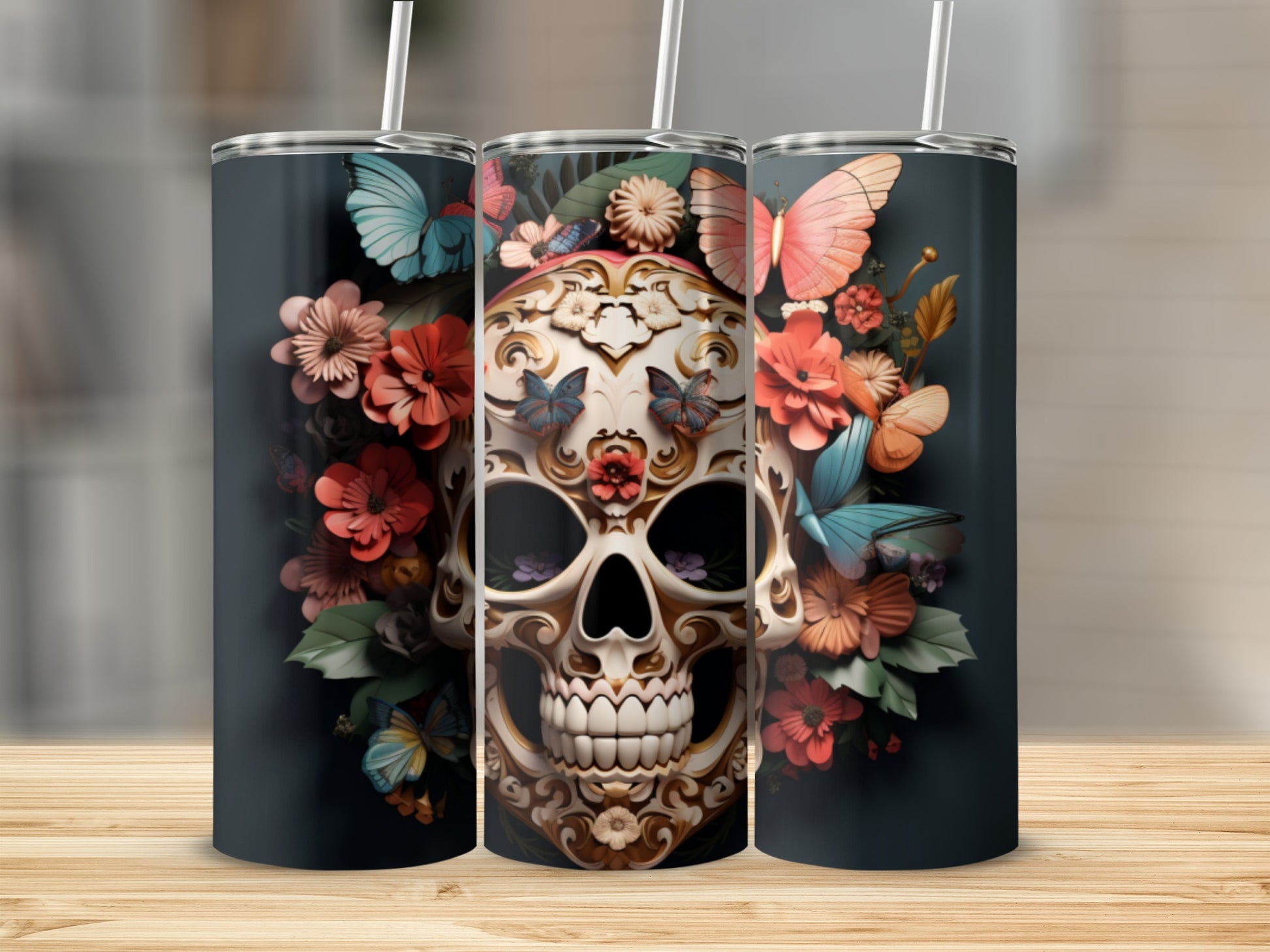 Floral Skull Design Tumbler with Butterflies