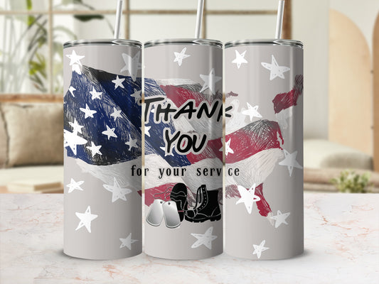American flag tumbler with stars and military boots, reads "Thank you for your service".