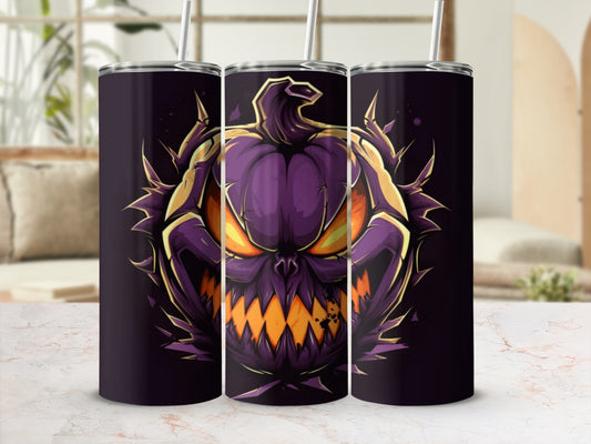 Three tumblers featuring a purple and yellow illustrated spooky jack-o'-lantern face.