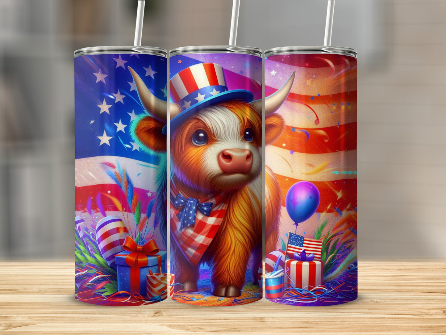 Cow wearing patriotic hat with American flag and gifts.