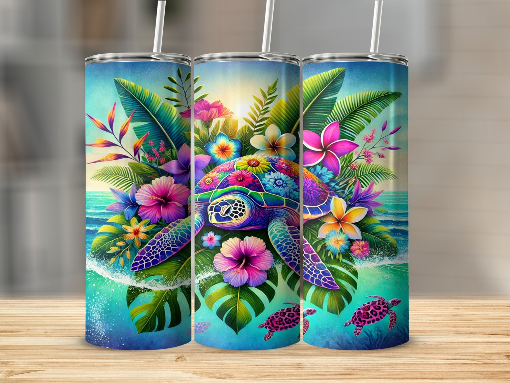 Vibrant Sea Turtle Design with Tropical Flowers Tumbler