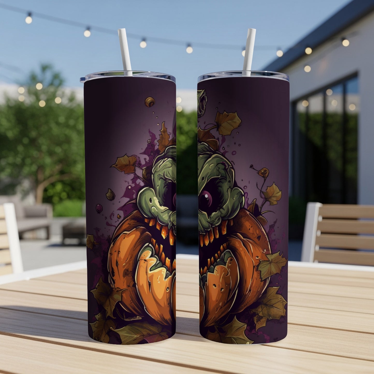 Two tumblers with a spooky carved pumpkin and zombie Halloween design.