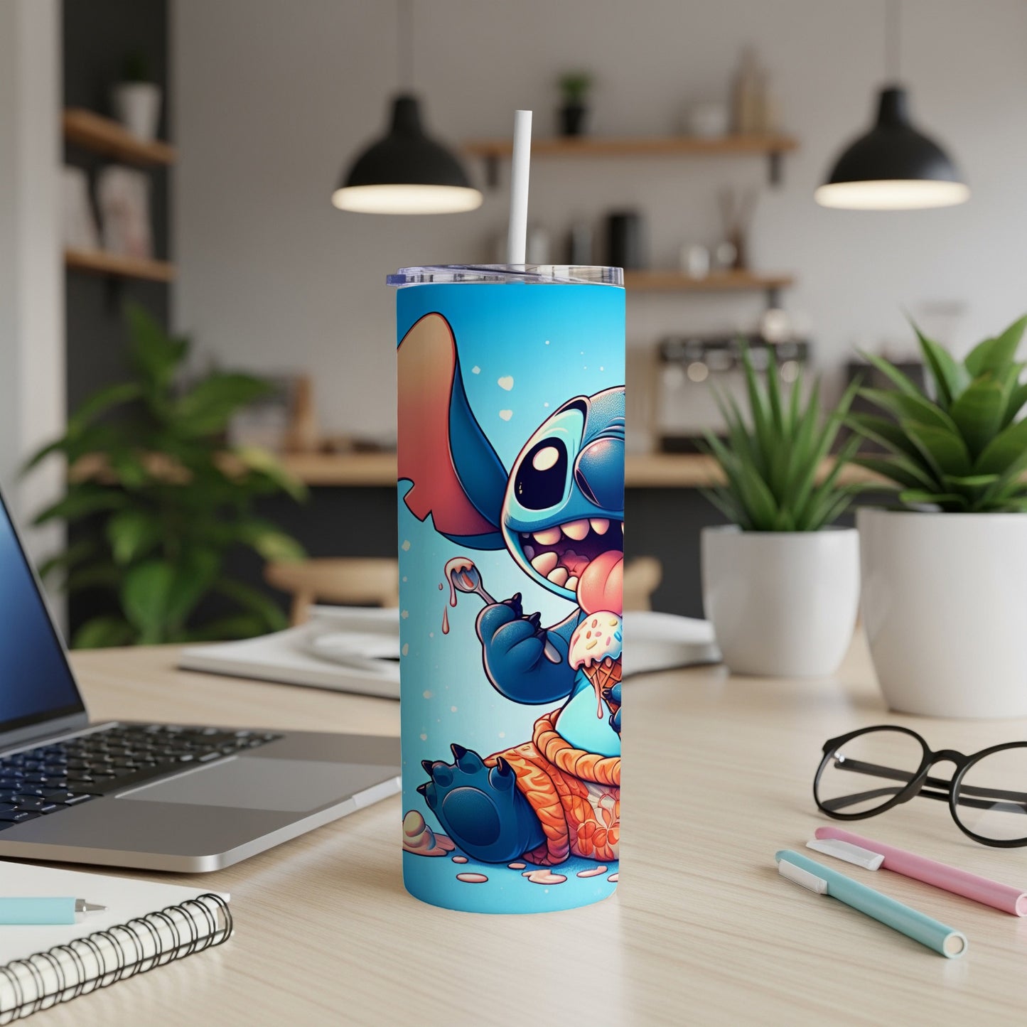 Stitch character on blue tumbler holding ice cream cone.