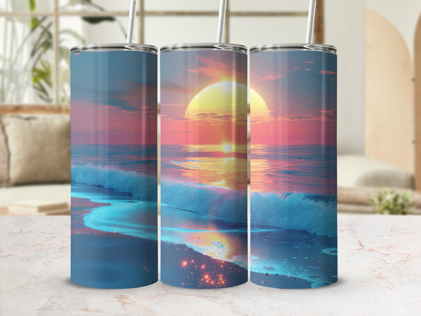 Beach sunset scene with waves and sun on a tumbler.