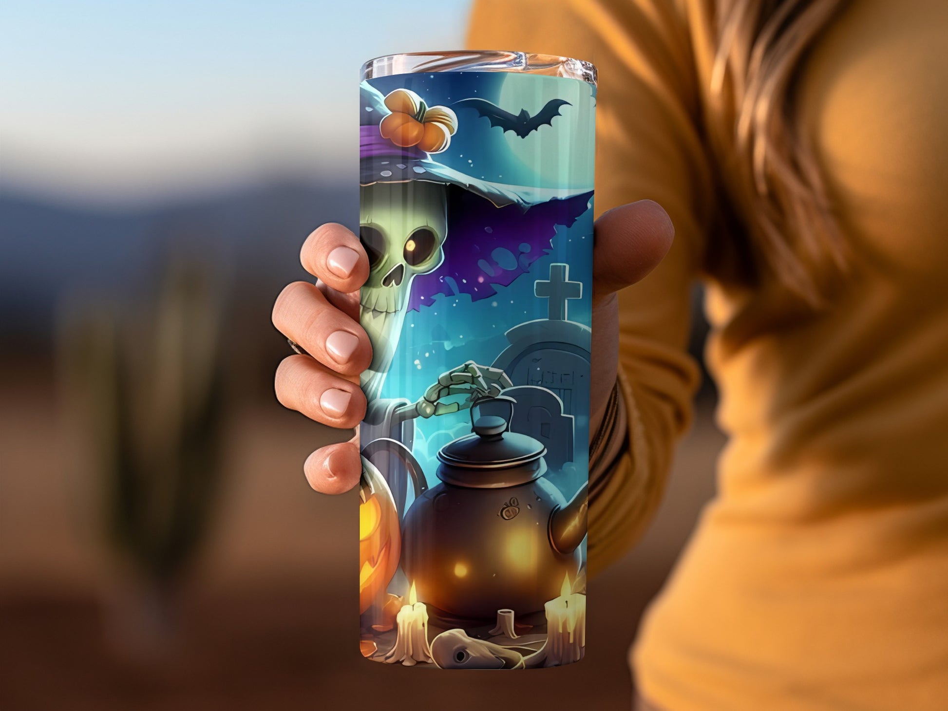 Halloween Themed Skeleton and Cauldron Tumbler