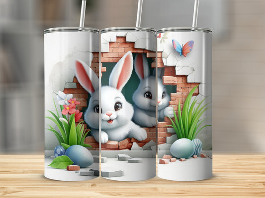 Cute bunnies peek through a brick wall with Easter eggs and flowers.
