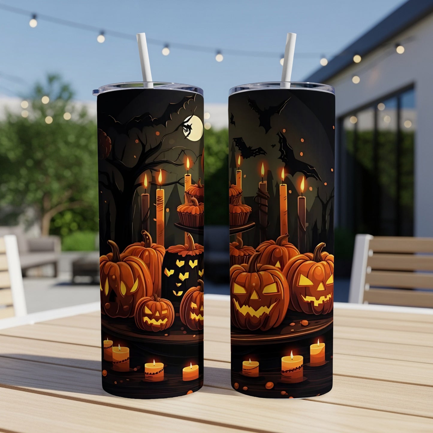 Two tumblers with a Halloween theme featuring jack-o'-lanterns and candles.