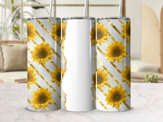 Two white tumblers with sunflowers and gold stripes, one side of each tumbler is visible.