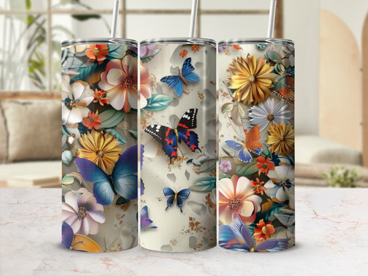 Tall tumbler with a vibrant floral and butterfly pattern.