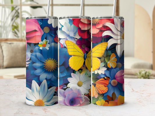 Floral pattern with blue, white, and pink flowers and two yellow and orange butterflies.
