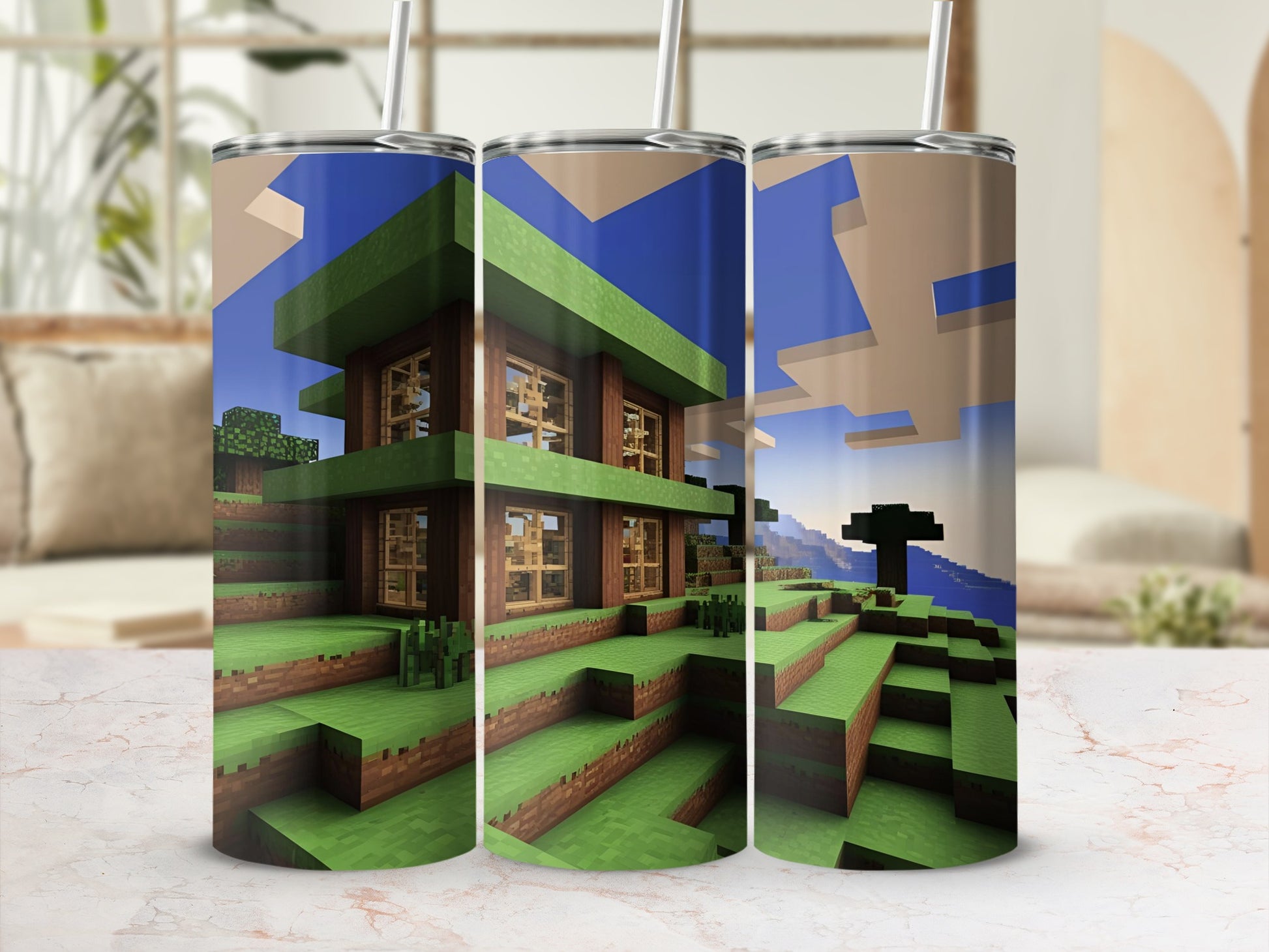 Pixelated Minecraft house on grassy terrain with blue sky and clouds.