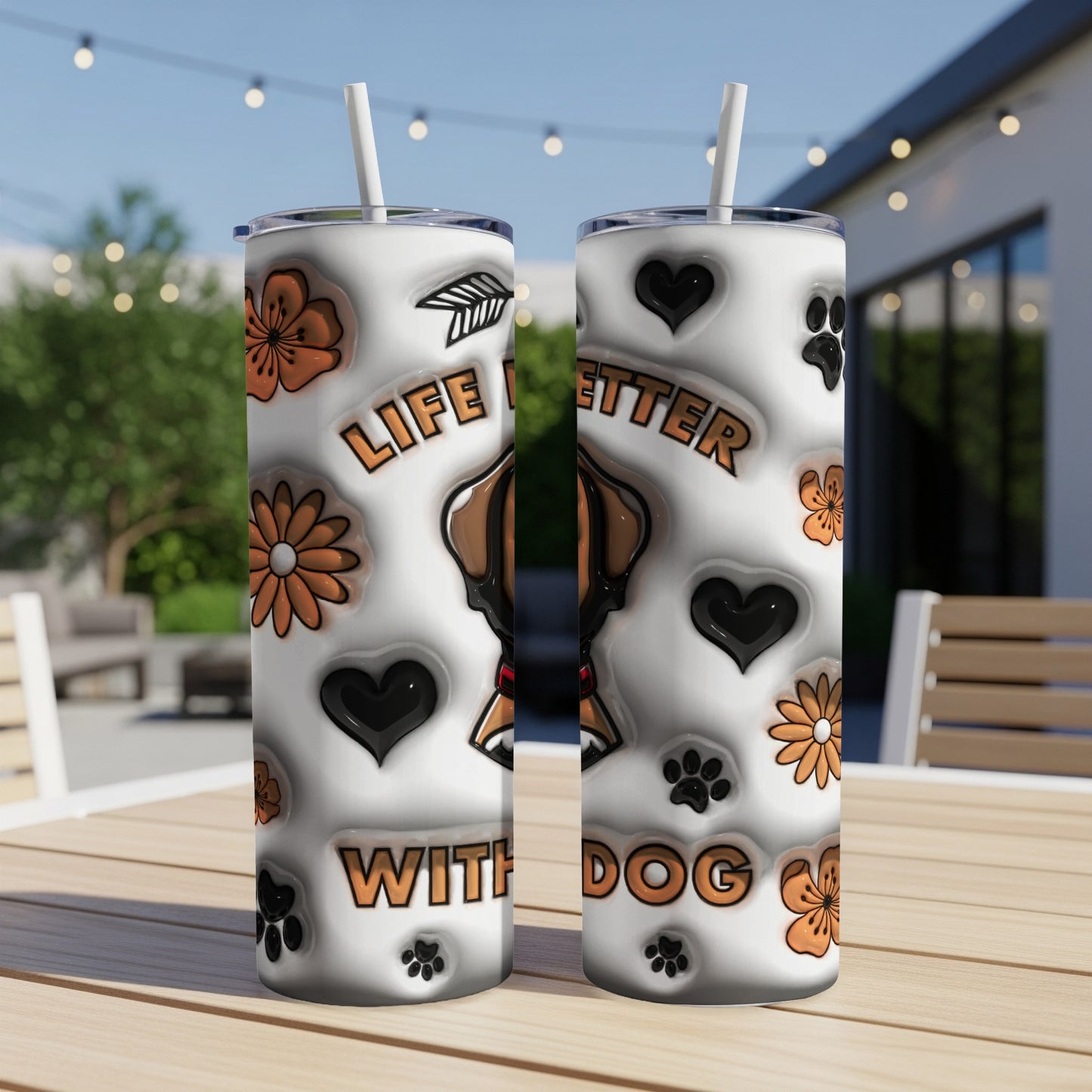 Two tumblers with dog, paw print, and flower designs, reading "Life is better with dog."