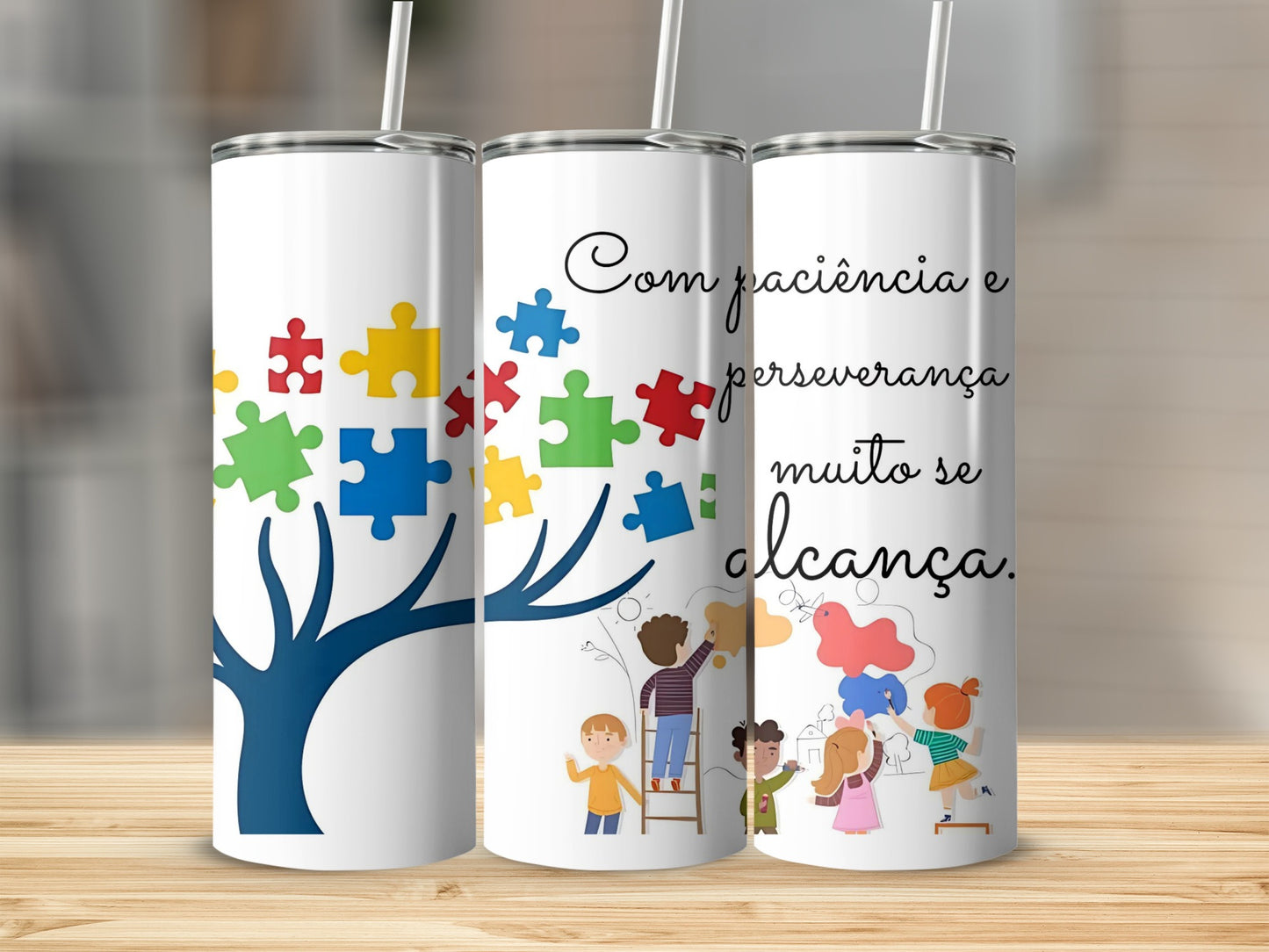 Colorful Puzzle Tree and Children Motivational Tumbler