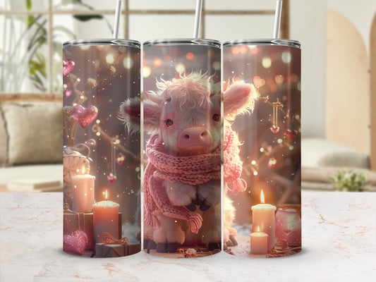 Cow wearing pink scarf with hearts and candles, Christmas lights background.