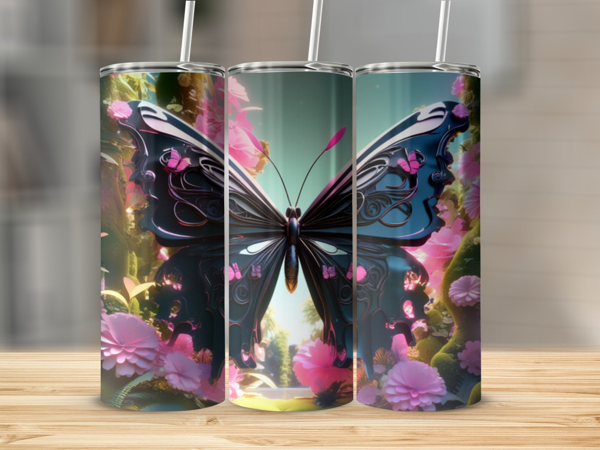 Black butterfly with pink accents on a floral background, shown on three tumblers.