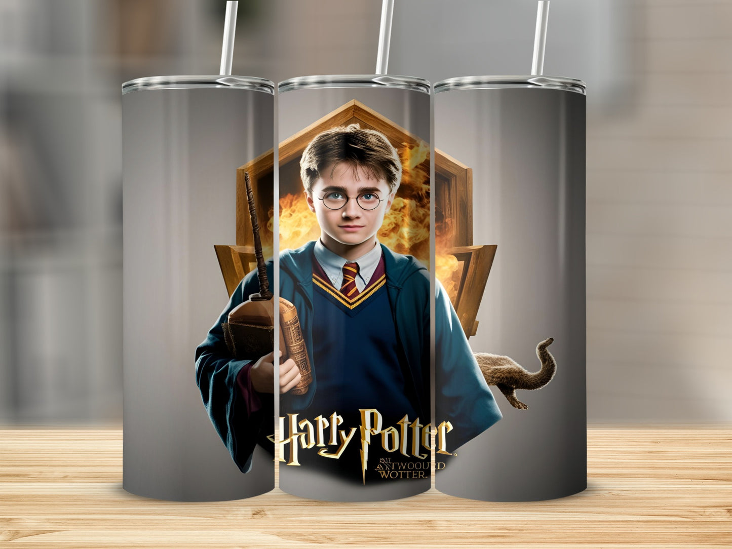 Harry Potter holding a broomstick, with the Harry Potter and the Cursed Child logo.