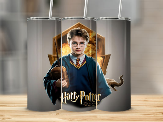 Harry Potter holding a broomstick, with the Harry Potter and the Cursed Child logo.