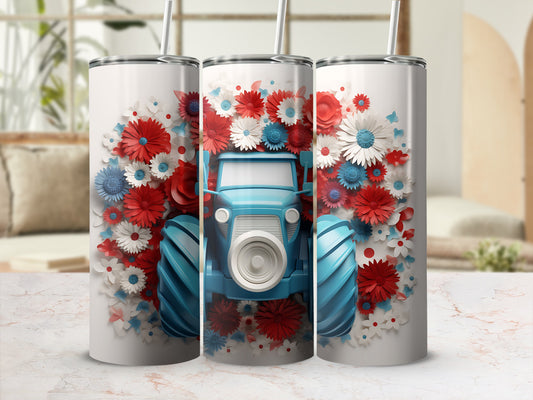 Blue tractor with red, white, and blue flowers on white tumblers.