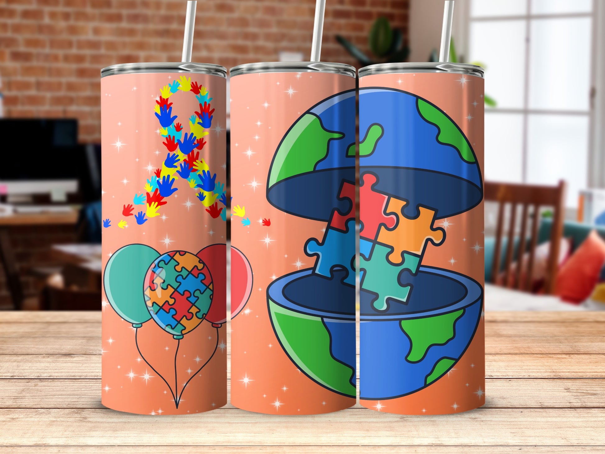 Colorful Tumblers with Puzzle and Heart Designs