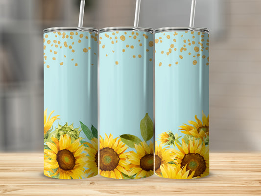 Two tumblers with sunflowers and gold glitter accents.