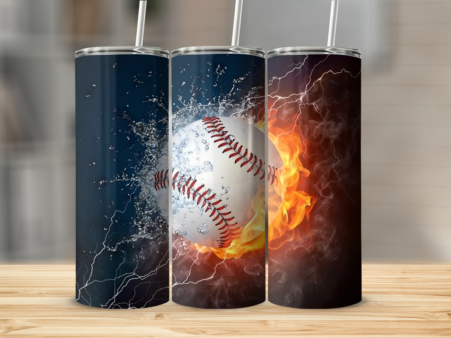 Baseball Theme Tumblers with Fire and Water Design