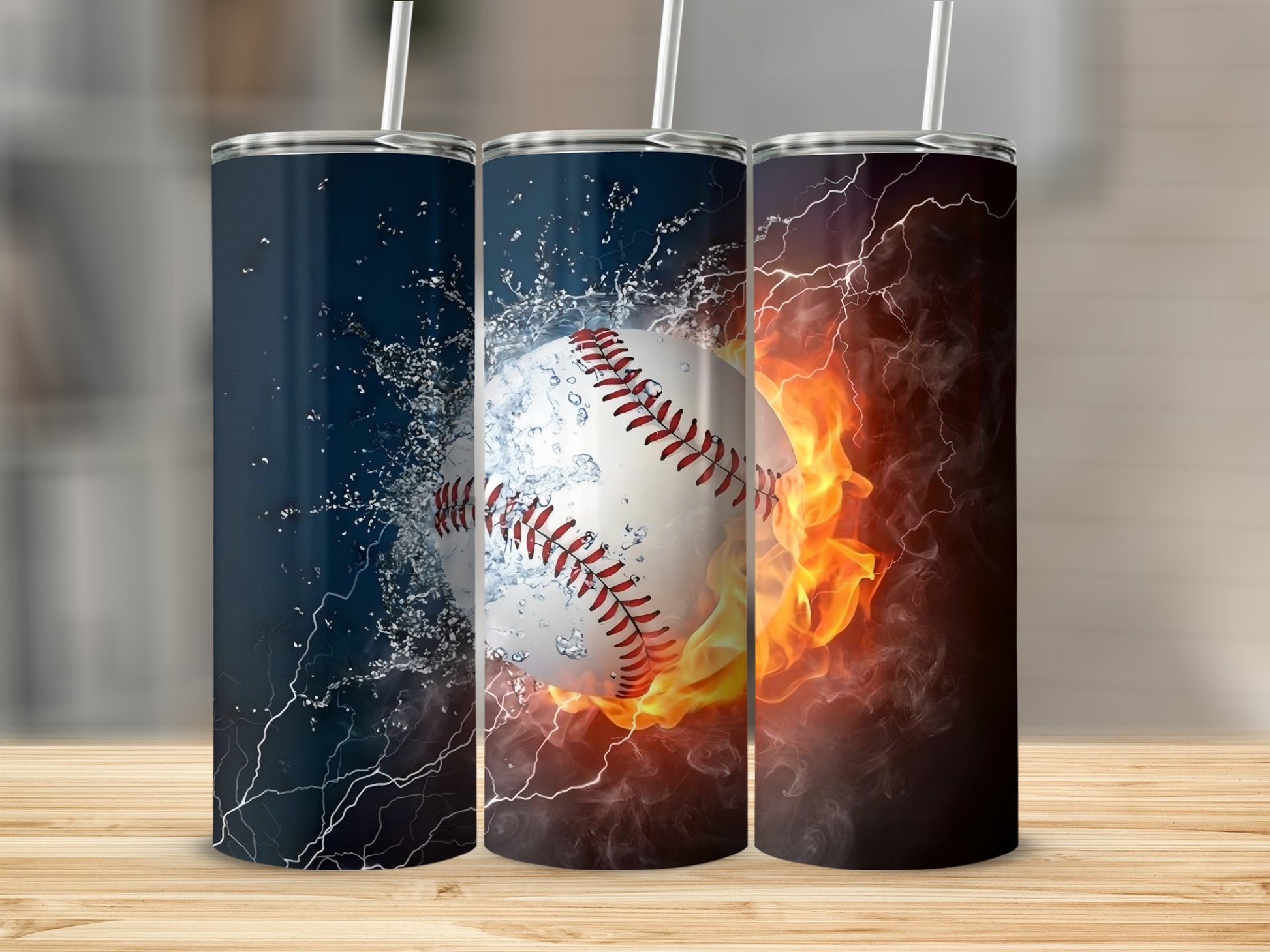 Baseball Theme Tumblers with Fire and Water Design