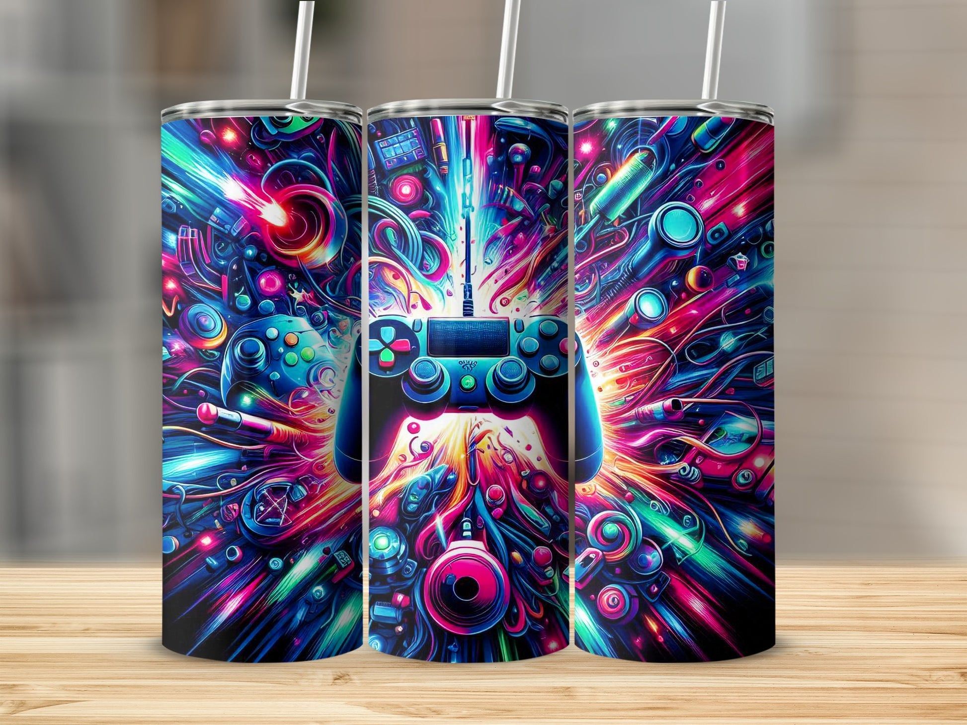 Three tumblers with a neon, futuristic video game controller and abstract designs.