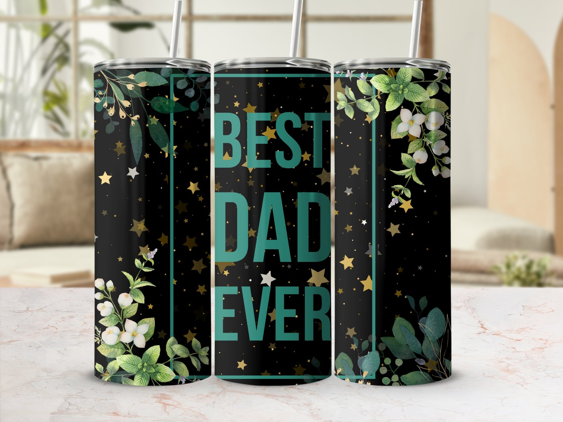 Best Dad Ever Floral and Starry Design Tumbler