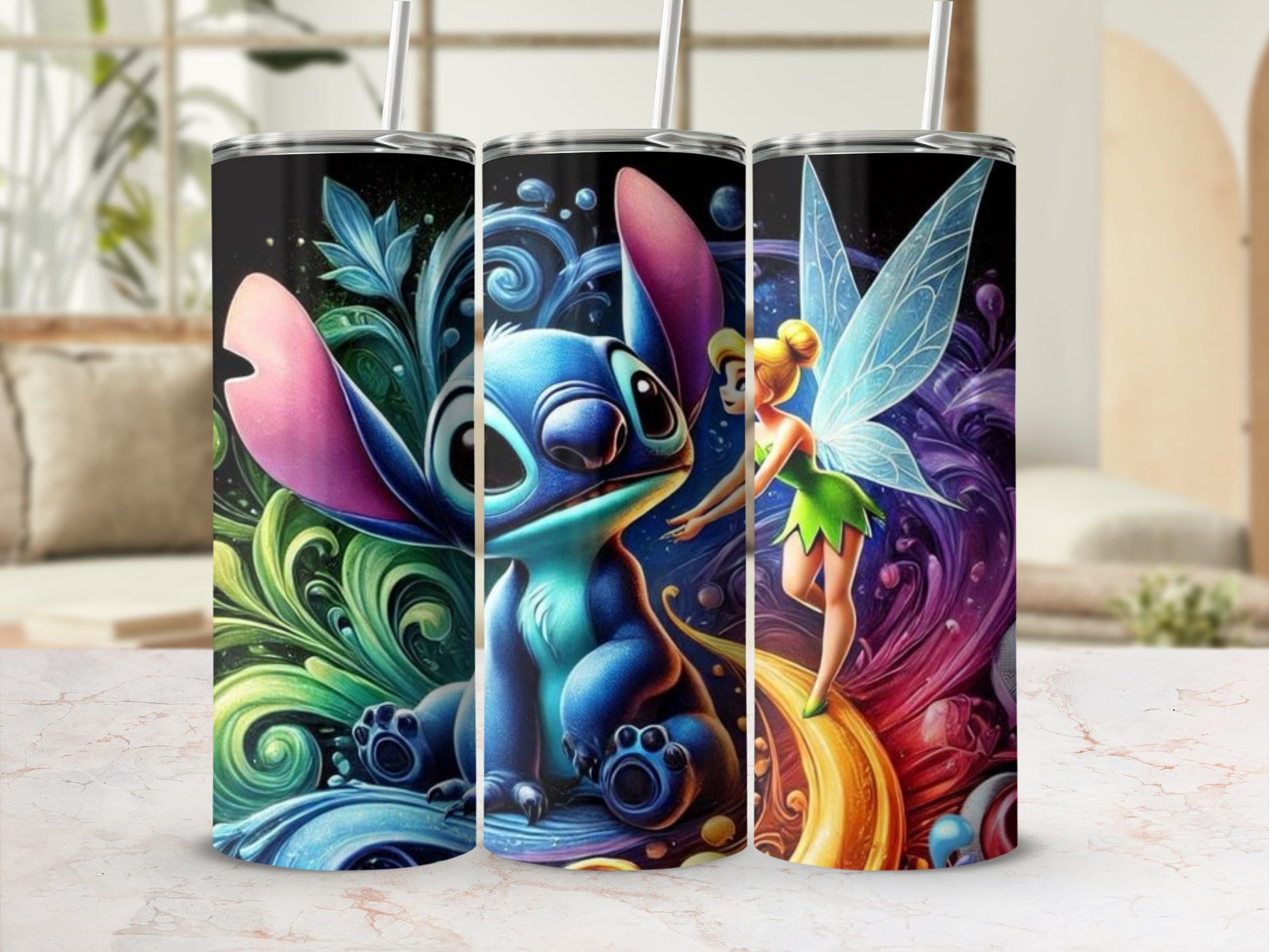 Colorful Tumbler with Stitch and Tinkerbell Design