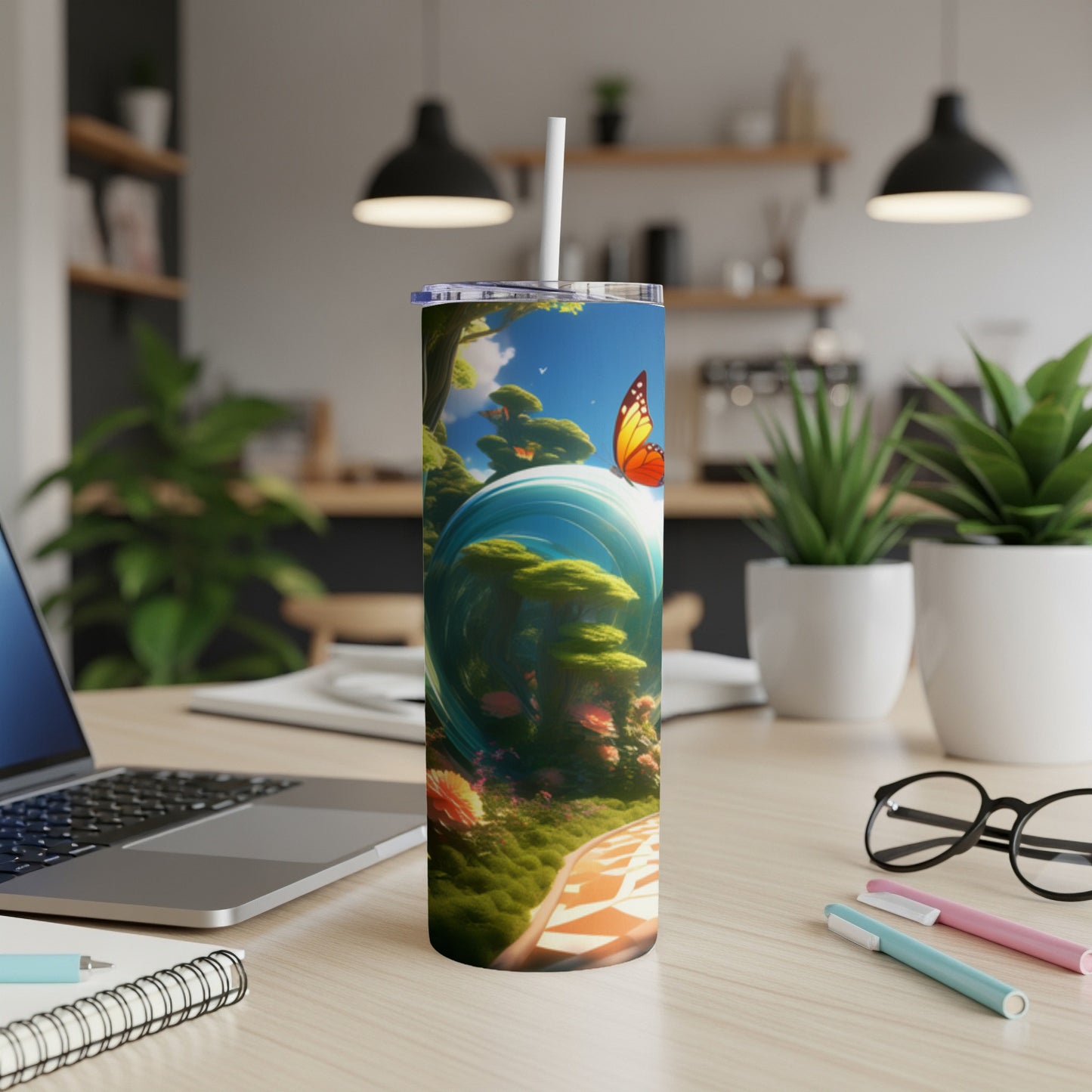 Abstract scene with butterfly on globe, on desk next to laptop and pens.