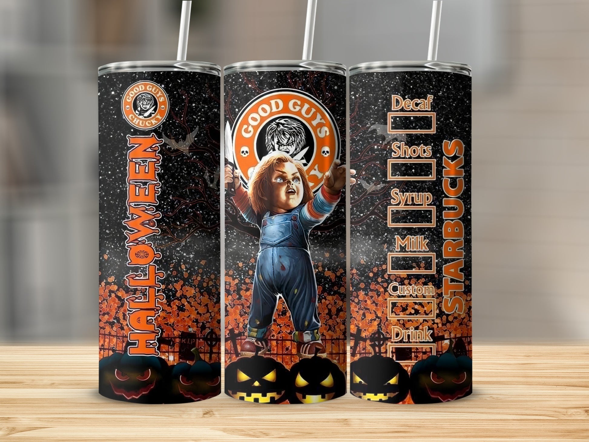 Three tumblers featuring Chucky from "Good Guys," Halloween pumpkins, and a Starbucks drink menu.