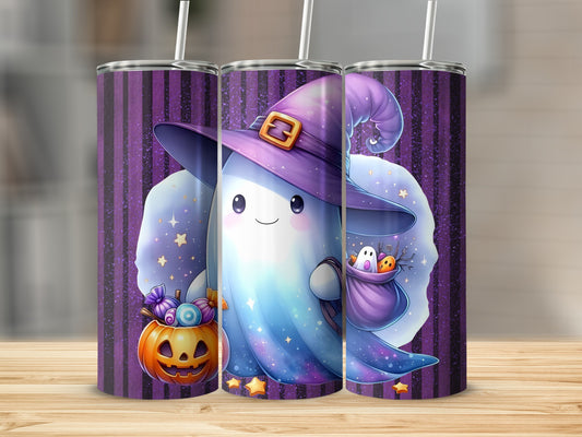 Cute Halloween Ghost with Witch Hat Tumbler Cup