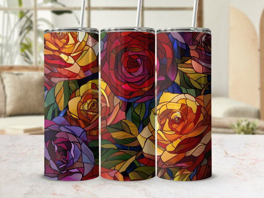 Three tumblers with a stained-glass rose pattern.