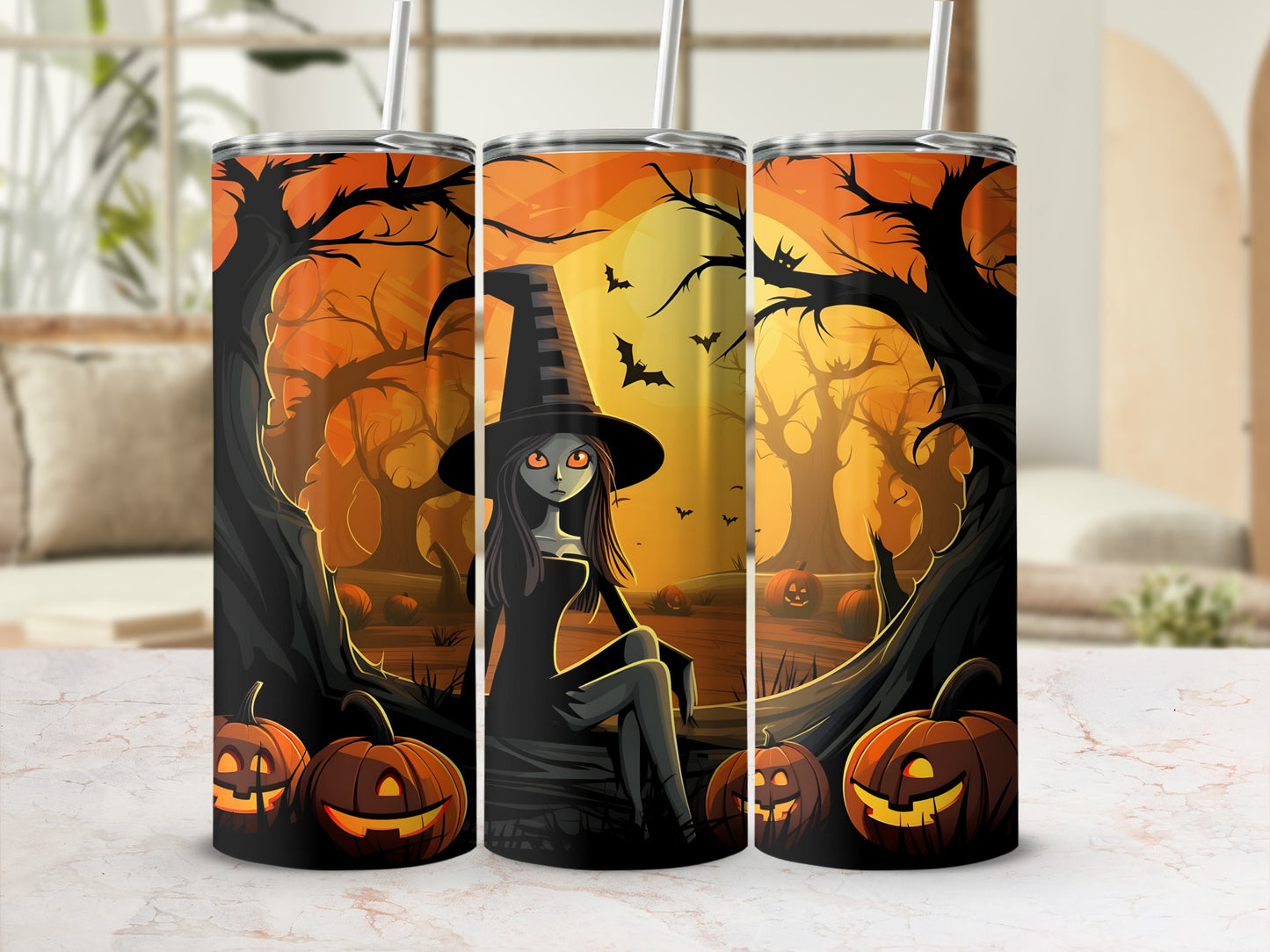 Halloween tumbler with witch, pumpkins, bats, and spooky trees.