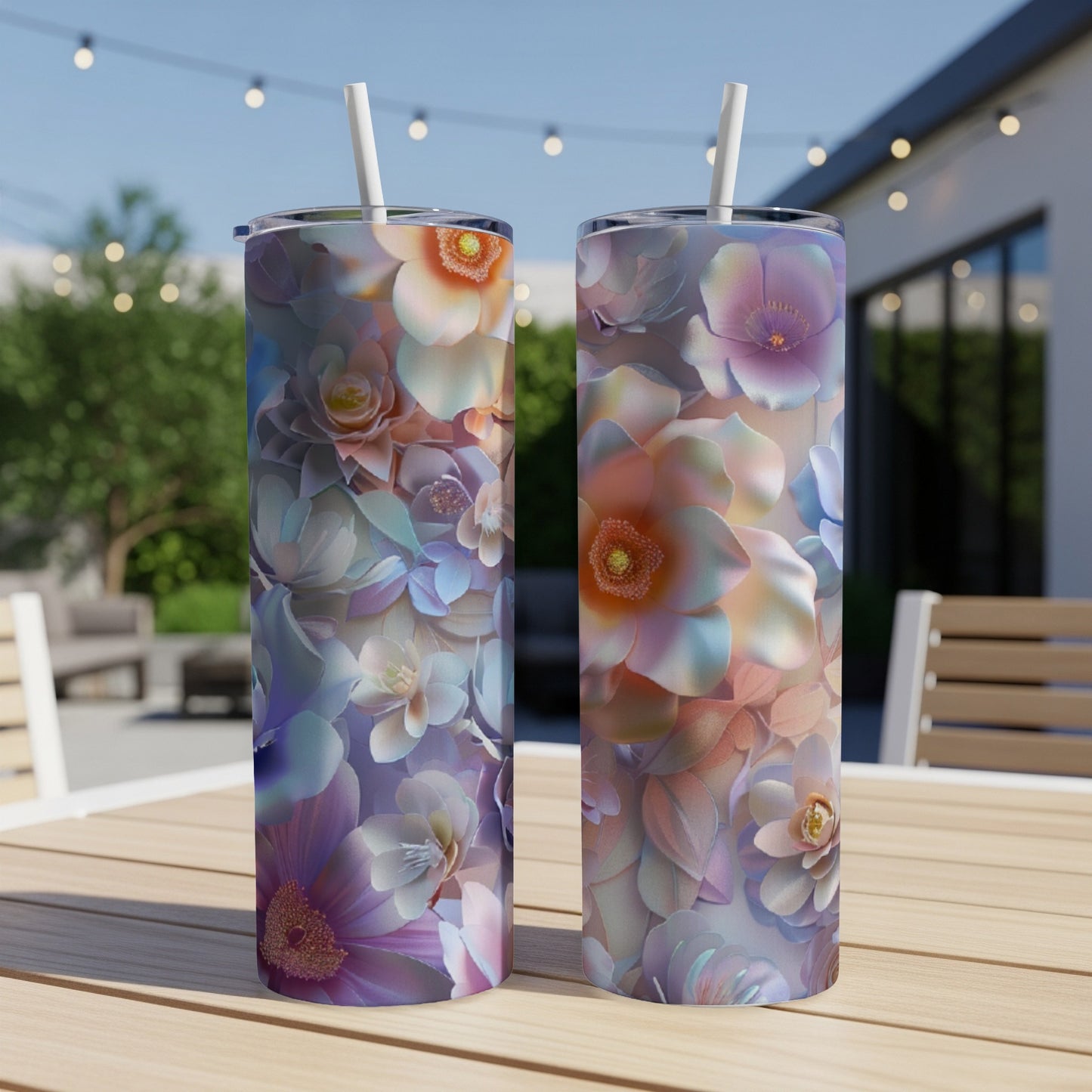 Two floral tumblers with straw on a table outdoors.