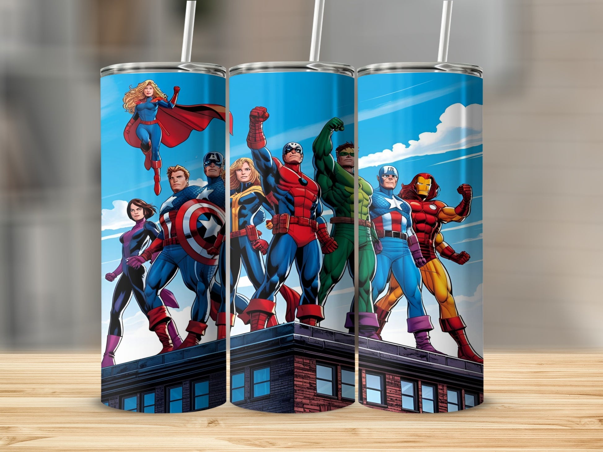 Marvel superheroes Captain America, Iron Man, Hulk, and more stand on a rooftop.