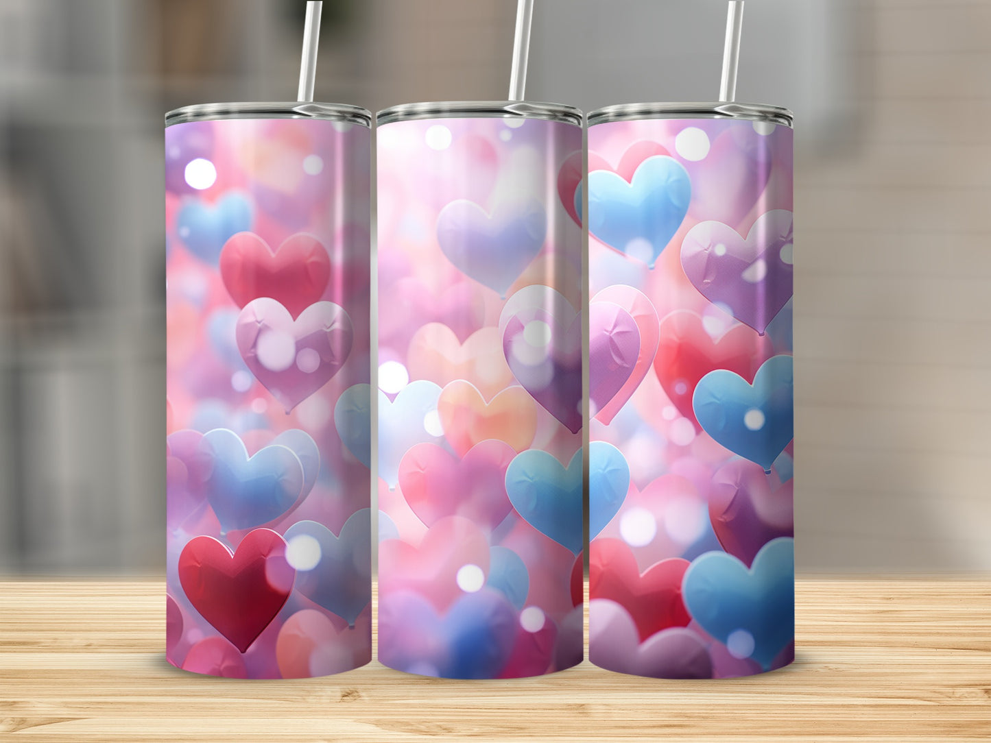 Colorful Heart Patterned Tumbler with Straw