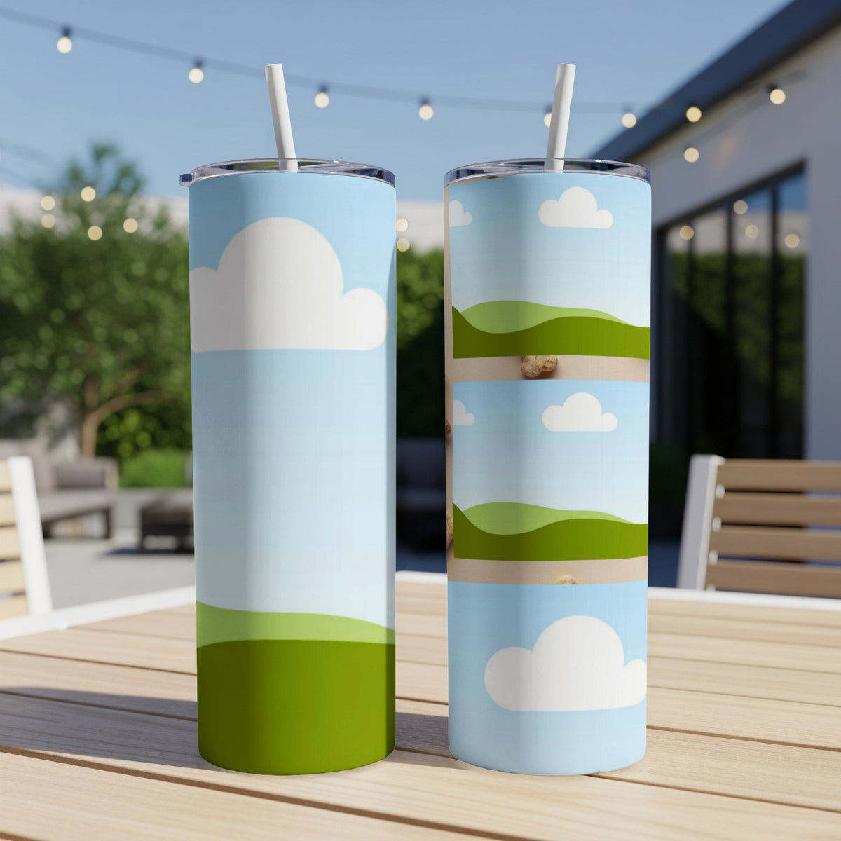 Two tumblers with a cartoon landscape of rolling green hills and clouds.