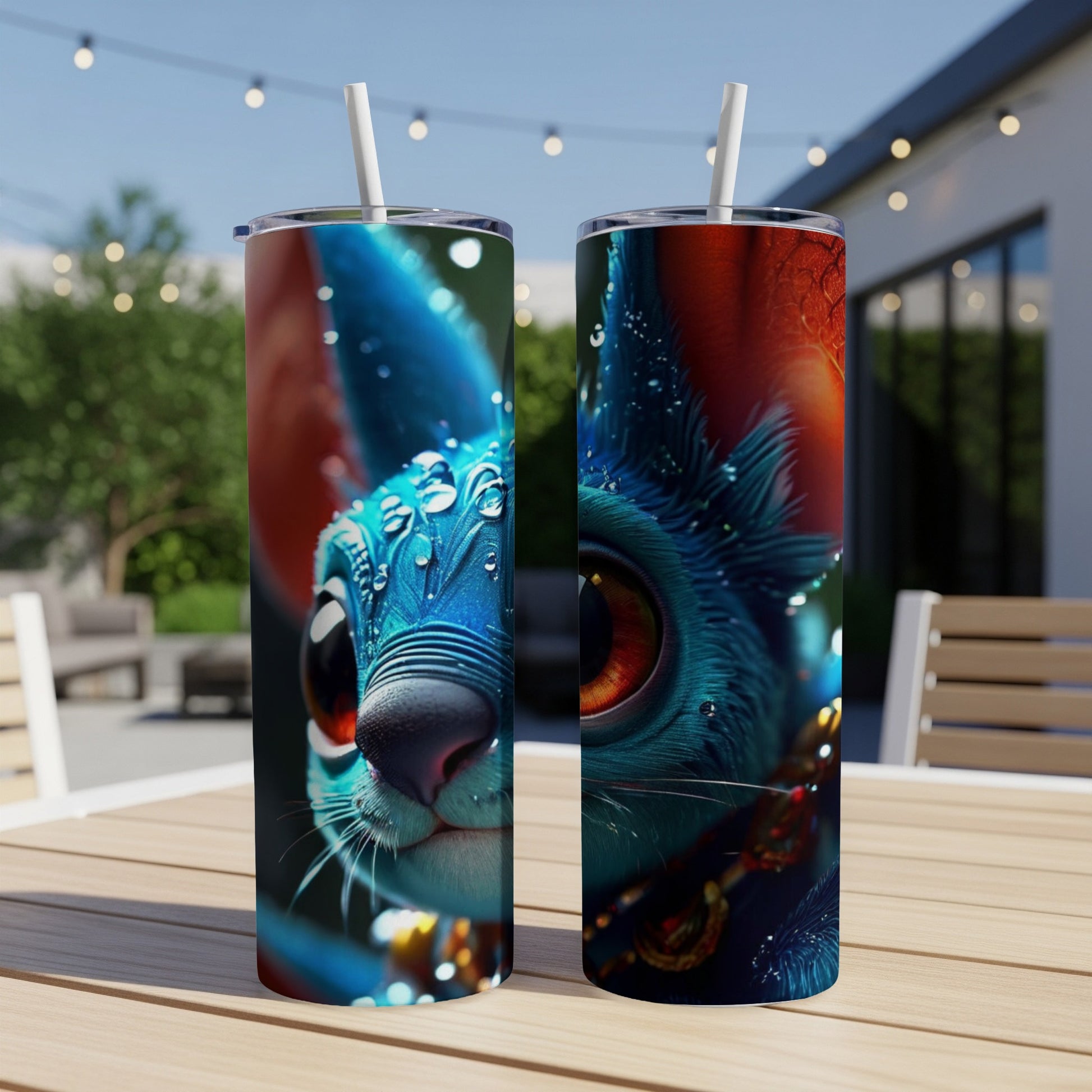 Blue cat design on two tumblers with straws on a wooden table.