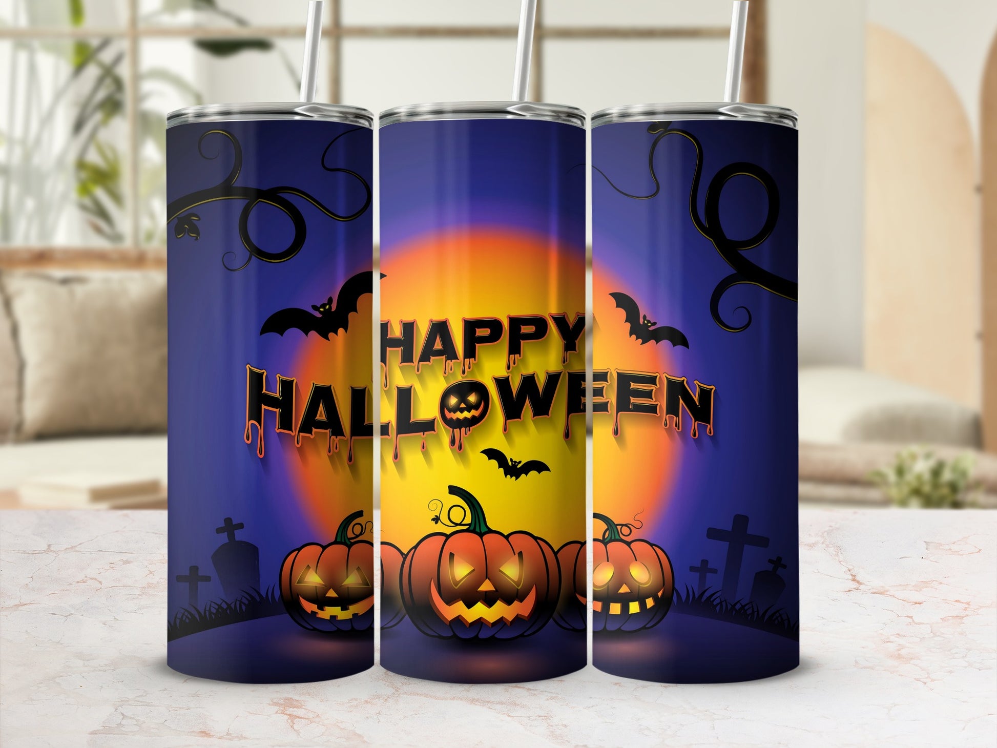 Three tumblers with a Halloween design featuring jack-o'-lanterns, bats, and "Happy Halloween."