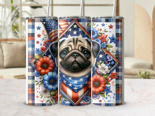 Pug wearing an American flag bandana, surrounded by patriotic flowers and stars.