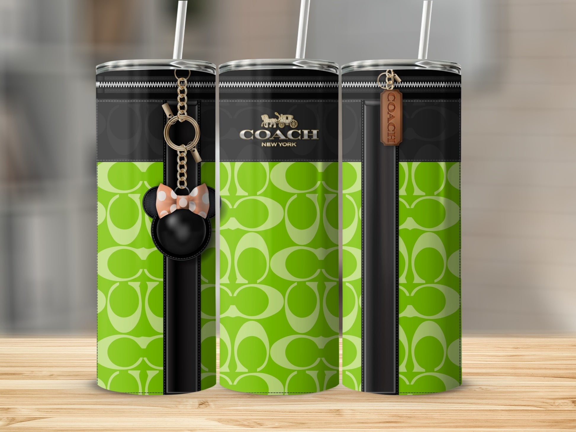 Stylish Green Coach Themed Tumblers with Unique Zipper Design