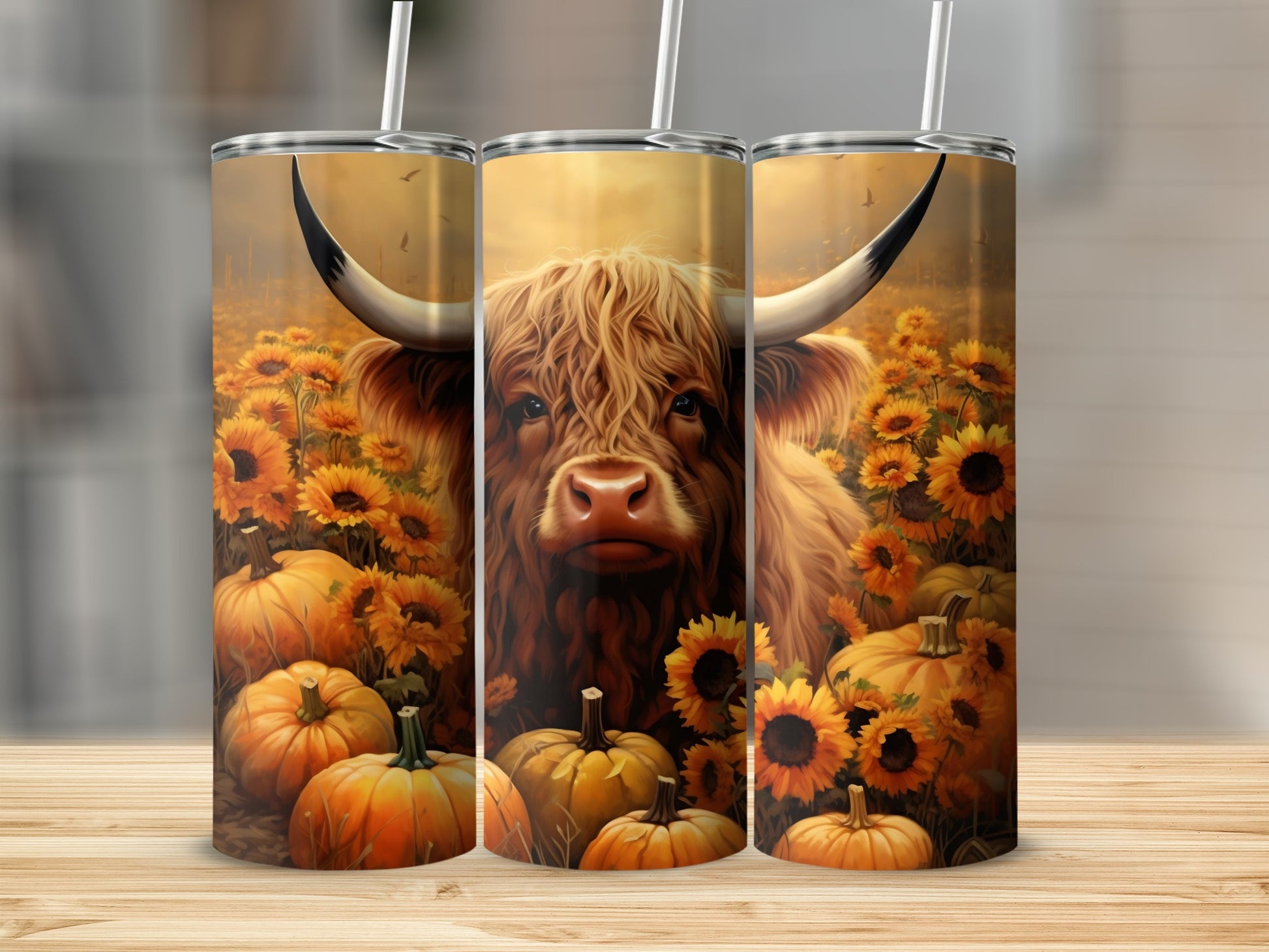 Highland Cow Pumpkin Sunflower Design Tumbler