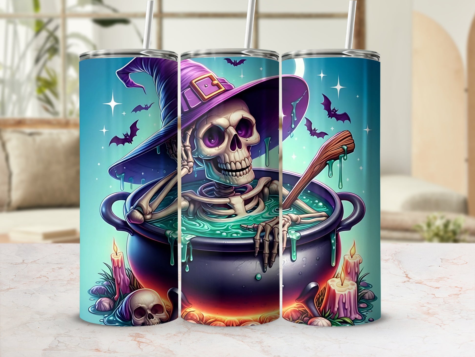 Skeleton in a witch hat stirs a cauldron with bats and candles.