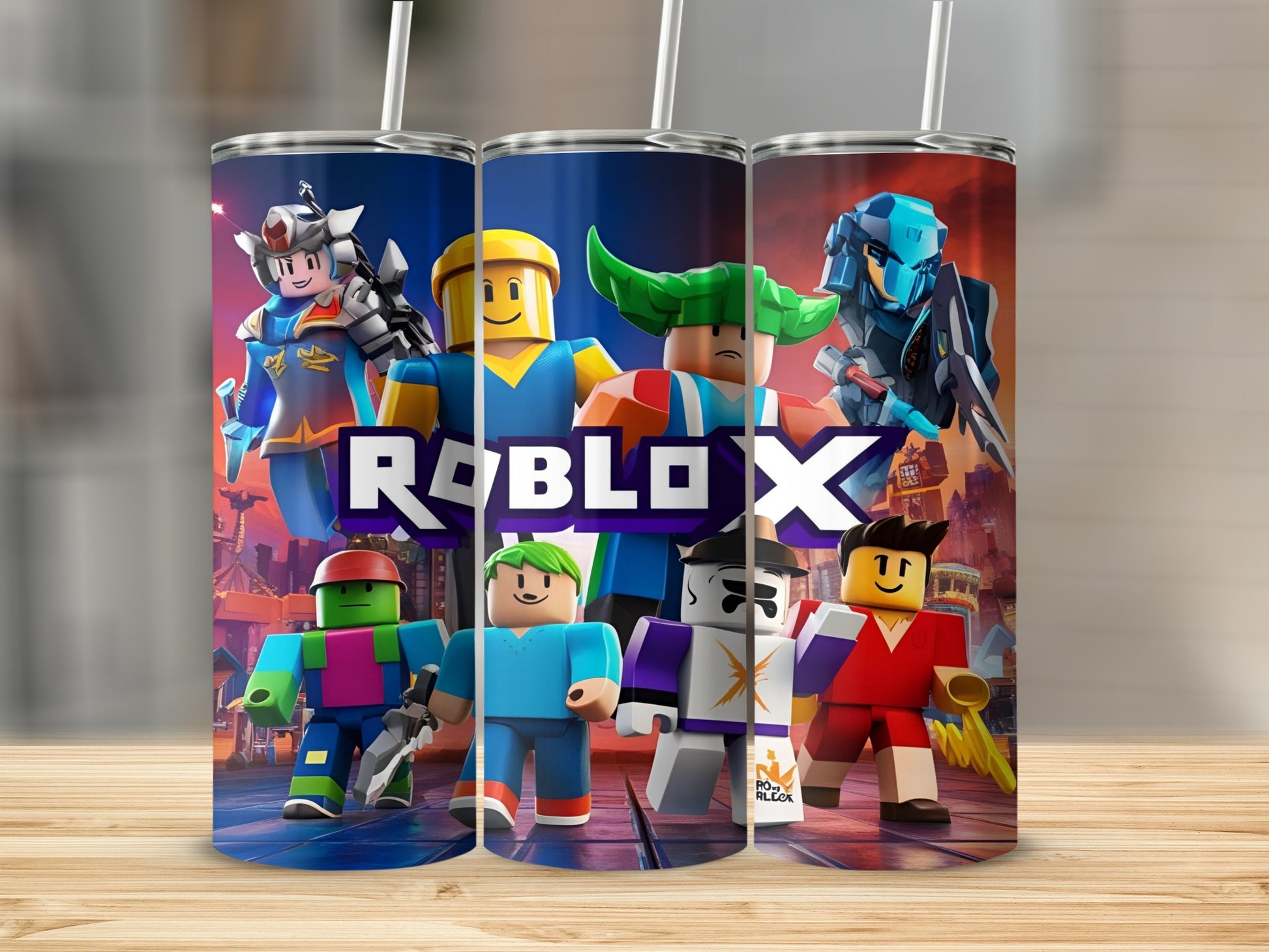 Roblox characters on a tumbler with a wooden background.