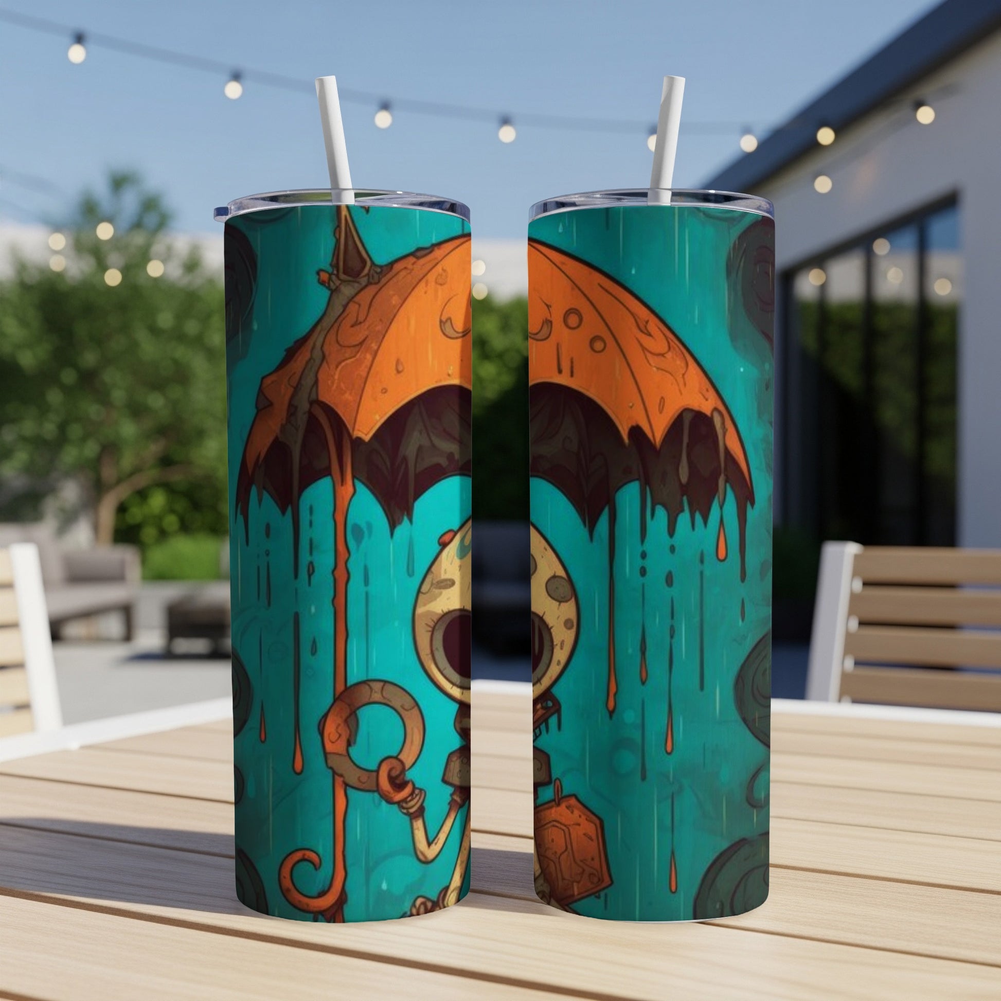 Two tumblers with a cartoon skeleton holding an orange umbrella in the rain.
