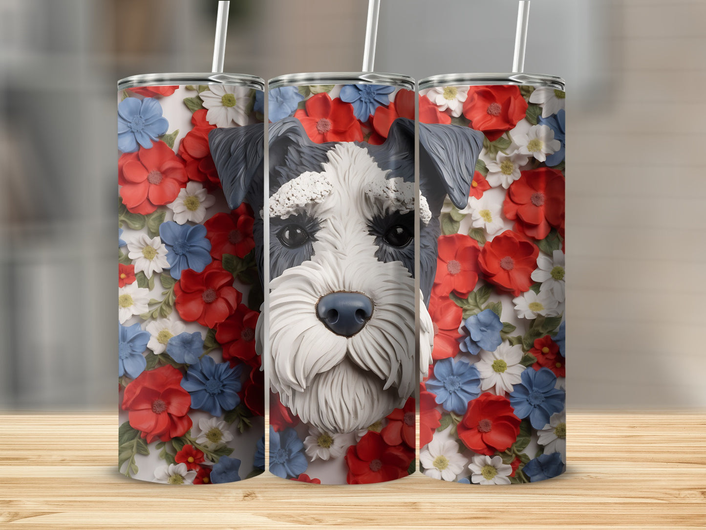 Schnauzer dog portrait surrounded by red, white, and blue flowers.