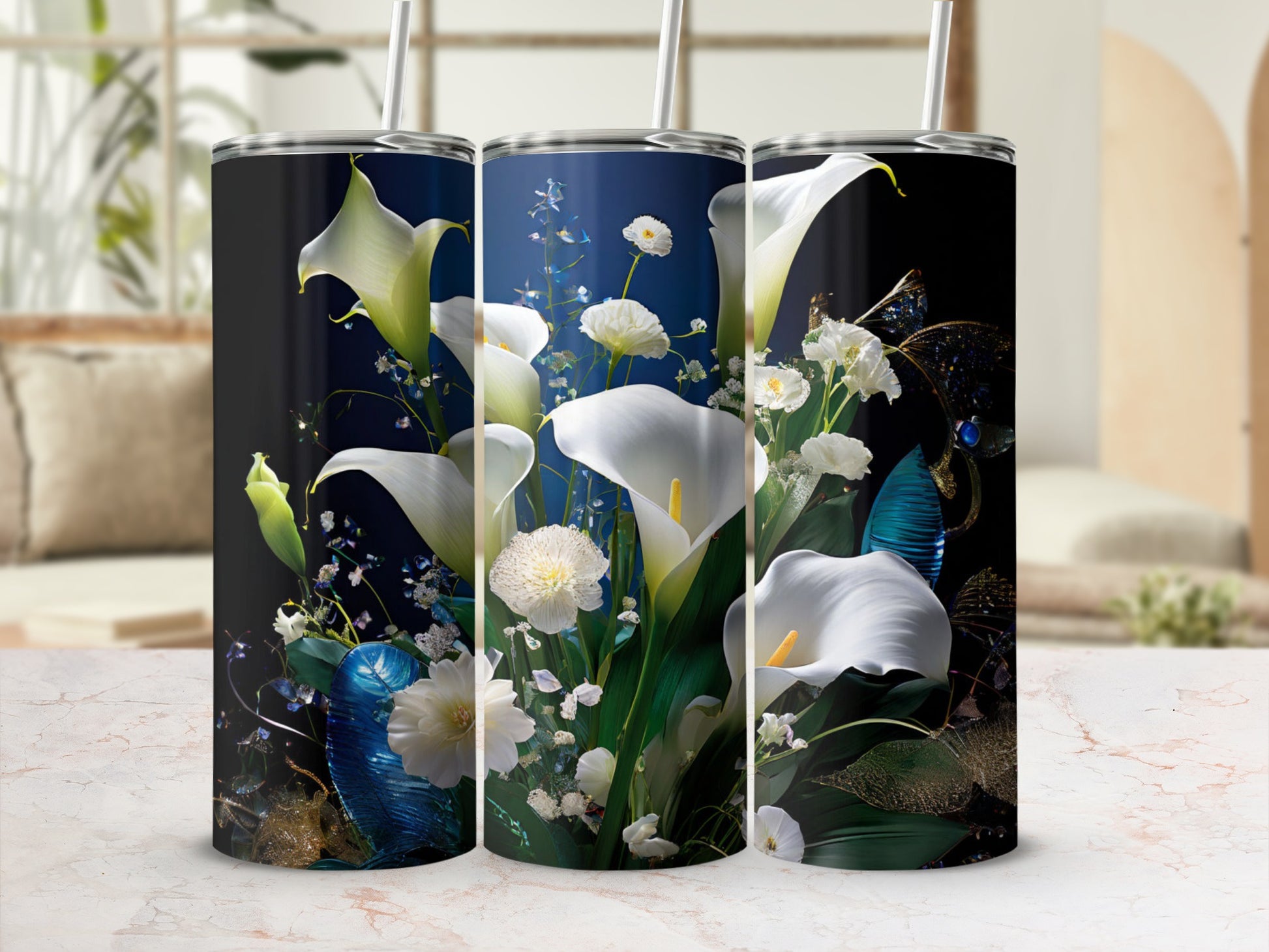 Three tumblers featuring a white calla lily and floral arrangement design.
