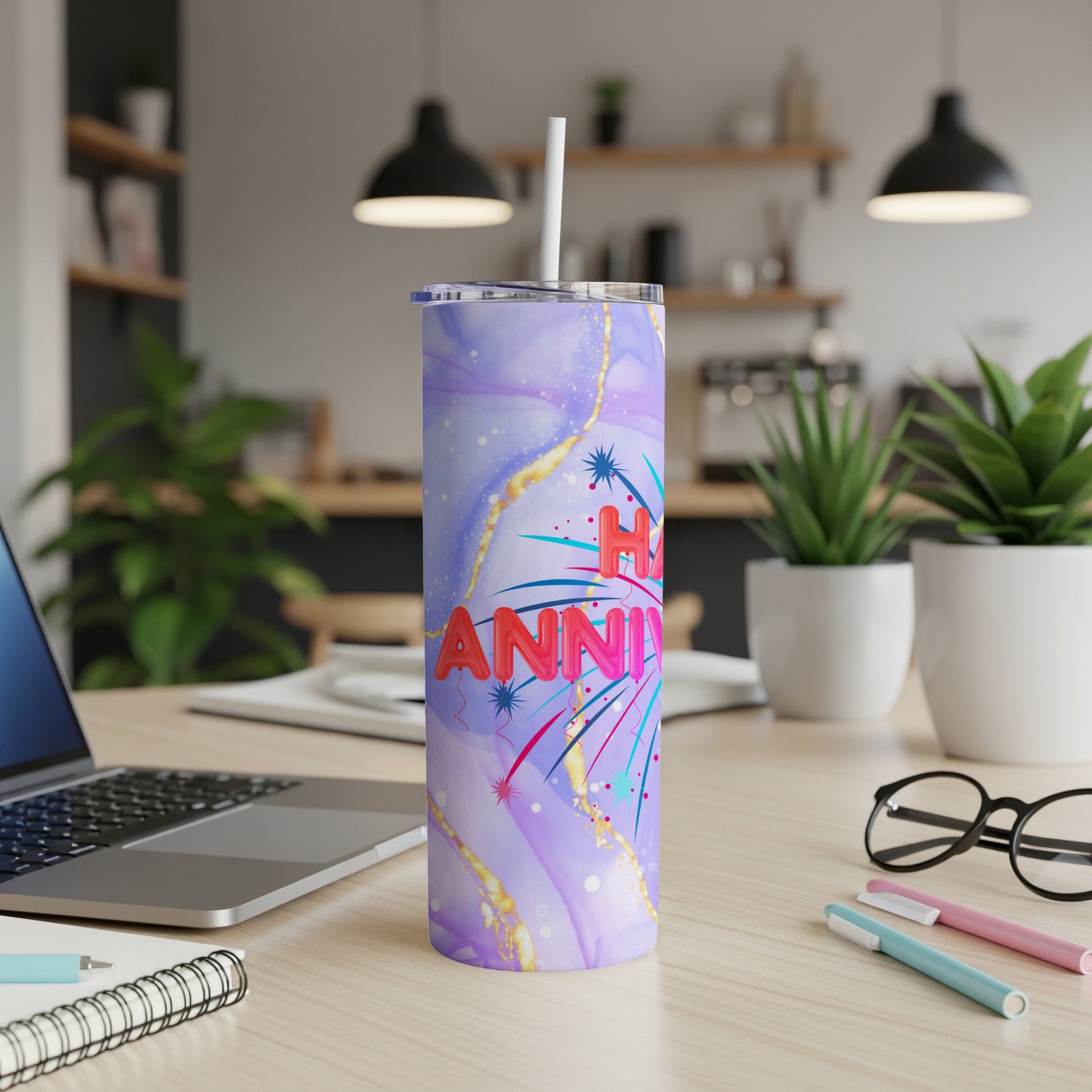 Purple marble tumbler with "Happy Anniversary" text and fireworks.
